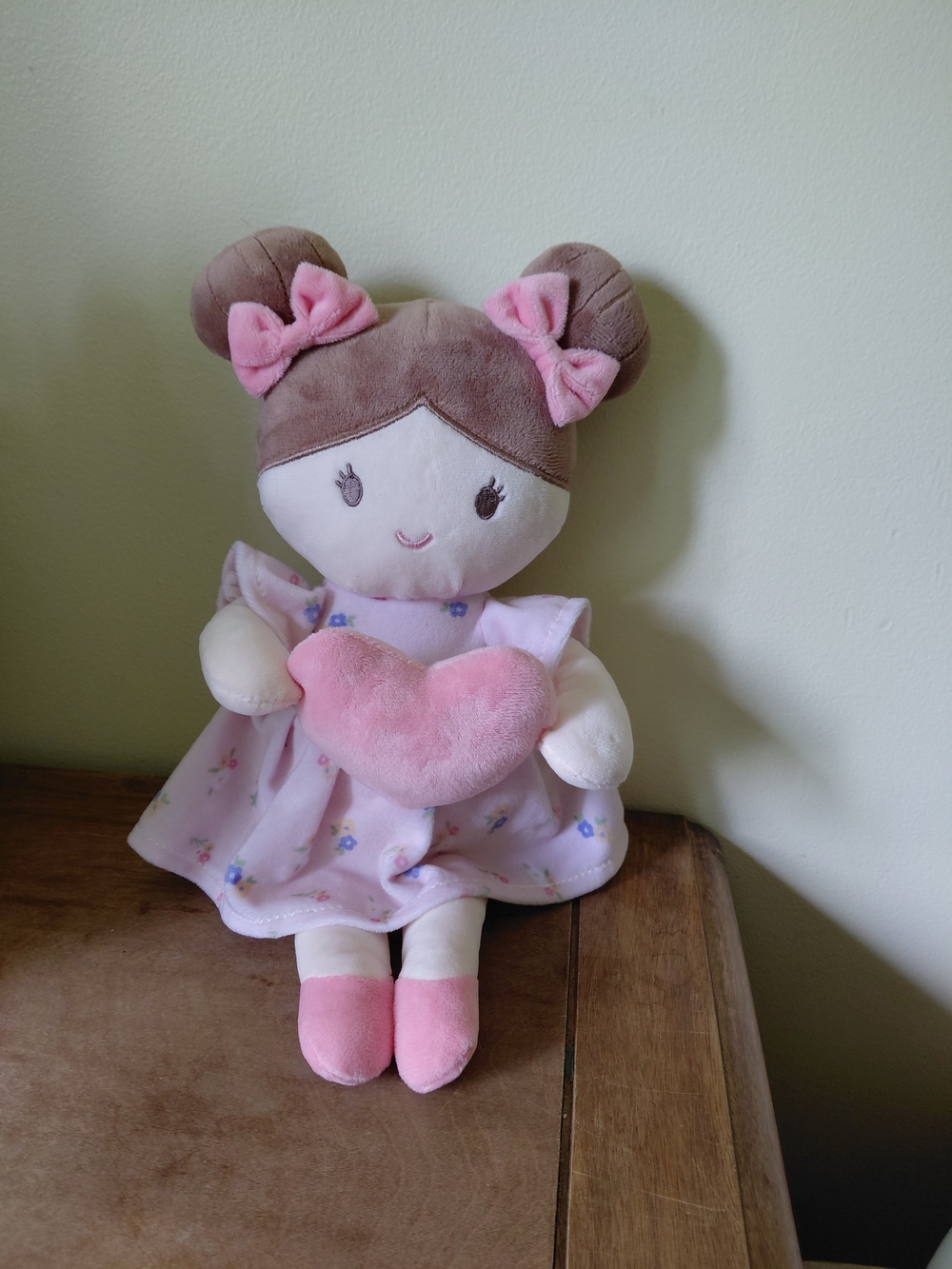 Plush Pink Heart Doll - Soft Pink & Brown Rag Doll